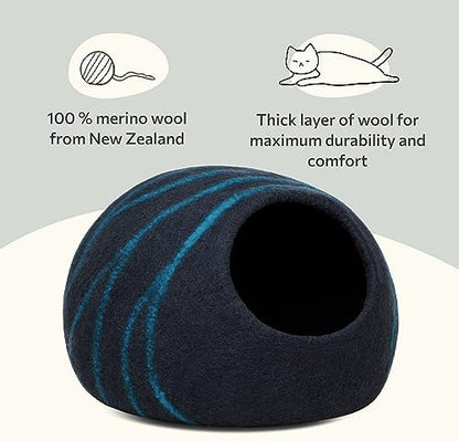 MEOWFIA Cat Cave - Merino Wool Bed for Indoor Cats (Back Aqua, Large)