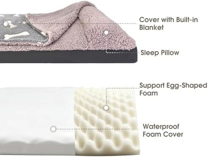Dog Bed with Cover Pillow Blanket Attached, 30''X20'' Washable Rectangle Hooded Cozy Cave Cat Puppy Calming Crate Bed & Removable Cover, Indoor Covered Kennel Furniture Couch Sofa for Small Medium Pet
