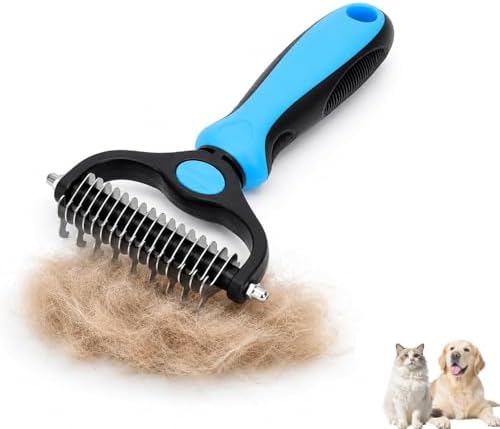Dematting Comb for Dogs and Cats, Undercoat Pet Brush for Long Hair, Deshedding Brush for Dog Removes Tangles Knots and Loose Fur, 2-In-1 Double Tooth Comb Undercoat Rake Dog Brush
