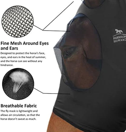 Harrison Howard Super Comfort Stretchy Fly Mask Large Eye Space with UV Protection Soft on Skin with Breathability Piano Black Extra-Full (Extra-Large)