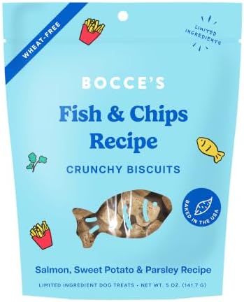 Bocce's Bakery Fish & Chips Flavor Crunchy Biscuits Dog Treats, 5 oz