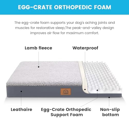 Sunheir Orthopedic Dog Bed for Large Dogs - Big Waterproof Dog Crate Bed with Removable Washable Cover, Egg Crate Foam Support, Anti-Slip Bottom, Deluxe Plush Pet Bed Mat (Grey) (Pack of 2)