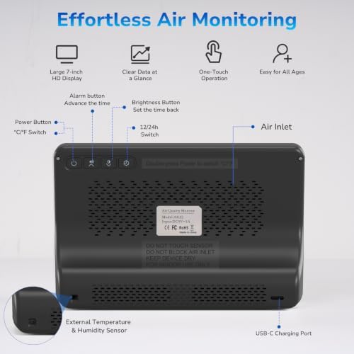 Fil-Fresh 16 in 1 Air Quality Monitor Indoor, CO2 Monitor Air Quality Tester with 9 Display+7 AQI Alerts for CO2, TVOC, HCHO, PM2.5, PM1.0, PM10, Time, Temperature, Humidity Meter, 7" Display (Black)