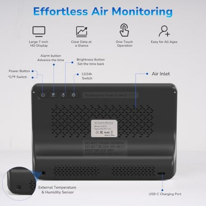 Fil-Fresh 16 in 1 Air Quality Monitor Indoor, CO2 Monitor Air Quality Tester with 9 Display+7 AQI Alerts for CO2, TVOC, HCHO, PM2.5, PM1.0, PM10, Time, Temperature, Humidity Meter, 7" Display (Black)
