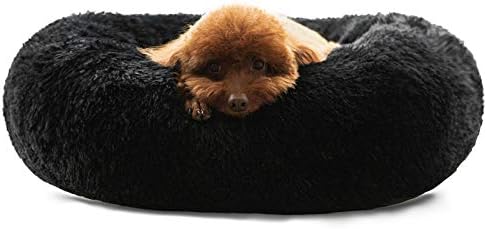HACHIKITTY Calming Donut Cuddler Dog Bed, Round Fluffy Pet Bed for Small Dogs,Washable, Large, Black, 24''