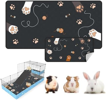 Washable Guinea Pig Bedding for 2 Story Guinea Pig Cages, Fast Absorption Reusable Guinea Pig Cage Liner, No Shrunk, Anti-Slip Bottom, Leak-Proof Pee Pad Mat, 12” x 24” & 24” x 48” (Black)