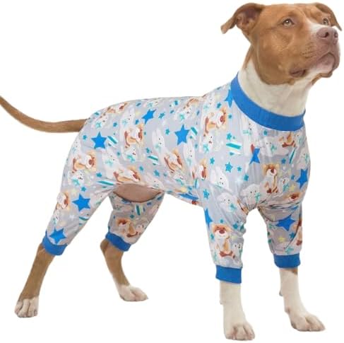 LovinPet Large Dog Bodysuit, Shedding Suit Pajamas, Bear Grey Print, L