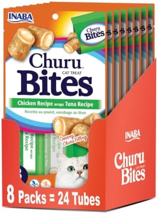 INABA Churu Bites for Cats, Soft/Chewy Baked Chicken Wrapped Churu Filled Cat Treats with Vitamin E, 0.35 Ounces per Tube, 24 Tubes Total (3 Tubes per Pack), Tuna Recipe