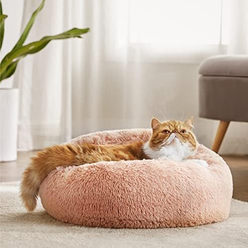 Bedsure Calming Cat Beds Donut Round Washable Kitten Bed,20 inches Pink