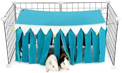 Guinea Pig Hideout - Guinea Pig Corner Hideout, Four-Sided Fringes, Rectangular Top and Washable Hides, Suitable Hides for Guinea Pigs and Rabbit, No Metal Fences, Blue