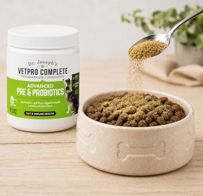 Dr. Joseph's VetPro Complete Advanced Pre & Probiotics Powder for Dogs, Meal Topper, 90 Scoops, Supports Gut Health, Diarrhea, Digestive Health & Allergies, Chicken/Pumpkin Flavor, 4 Billion CFUs