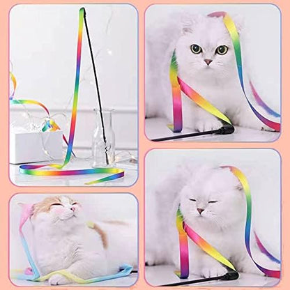 LASOCUHOO Interactive Cat Wand Toys Interactive Cat Teaser Wand String Ribbon Rainbow Charmer for Cats and Kittens - 2 Packs