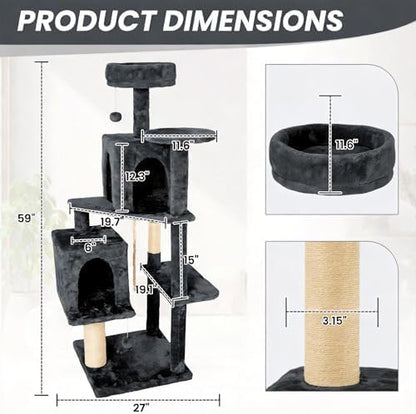 59in Large Cat Tree Tower for Indoor Cats with Soft Plush Hang Ball, Two Condos, Sisal Scratch Posts & Rope Play for Kittens/Adult Cats, Dark Grey