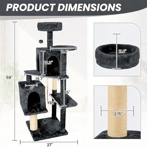 59in Large Cat Tree Tower for Indoor Cats with Soft Plush Hang Ball, Two Condos, Sisal Scratch Posts & Rope Play for Kittens/Adult Cats, Dark Grey