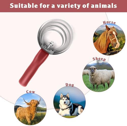 Tanlade 4 Rings 8 Pack Curry Comb Horse Brush Metal Curry Brush Derby Party Supplies Reversible Stainless Steel Comb Scraper with Comfortable Grip for Cow Sheep Pet Dog Goat Horse (Red)