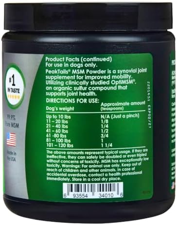 KALA HEALTH PeakTails Pure MSM Powder for Dogs, US-Sourced MSM, 1 lb