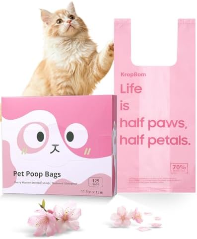 125 Count Cat Poop Bags Cherry Blossom Scented with Handles, Disposable Litter Bags for Pet Poop, Dog Kitty Waste Bags Extra-Thick Easy Tie Leak-Proof Strengthen, Pink