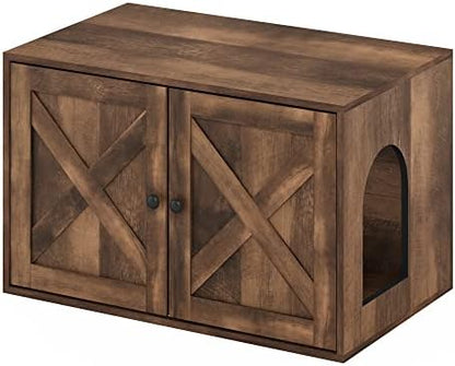 Furinno PELI Cat Litter Box Enclosure, Farmhouse Hidden Litter Box Furniture with Side Entrance, Wooden Pet House with 2 Slatted Doors, Easy Assembly, for Living Room, Rustic Brown