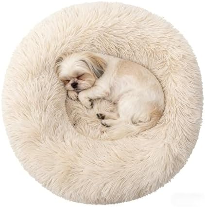 Calming Donut Dog Beds for Small Dogs Kitten - Washable Removable Cover Non-Slip Bottom, Round Pet Bed Puppy Bed Warming Fluffy Faux Fur Anti-Anxiety, Fits up to 15 lbs (Beige, 20")