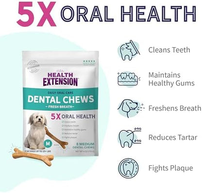 Health Extension Fresh Breath Dental Bones for Dogs, 8 Medium Bones, Freshens Breath, Cleans Teeth, Healthy Gums, Training or Reward, 6 oz Bag (Pack of 1)
