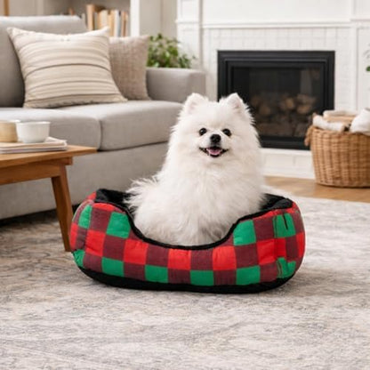 Hollypet Printed Flannel Rectangle Plush Dog Cat Bed Self-Warming Pet Bed, Christmas Red and Green Check