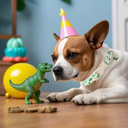 Lionet Paws Green and Blue Dinosaur Dog Collar- Cute Stegosaurus and Raptor Beige Dog Collars with Plastic Buckle, Light Adjustable Dog Collars for Small Medium Dogs