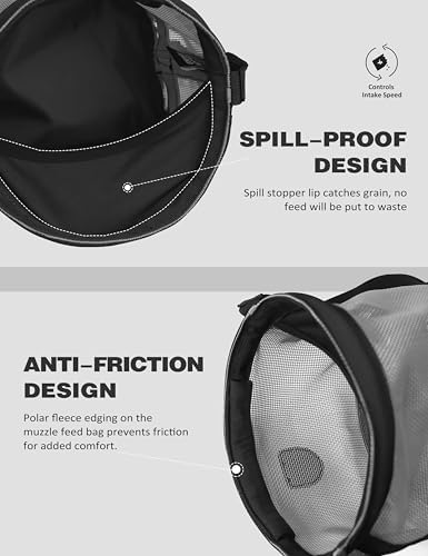 Harrison Howard Horse Muzzle Feed Bag Nylon Mesh Grain Feed Bag with Padded Neck Strap Adjustable Belt Dark Gray Large