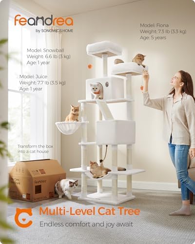 Feandrea Cat Tree, 81.1-in Large Cat Tower, Multi-Level Condo, Cream White