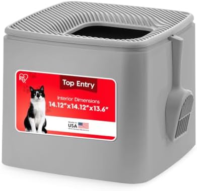 IRIS USA Cat Litter Box, Top Entry, Dog Proof, Covered, Scoop, Gray
