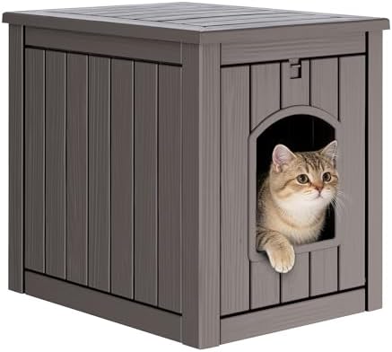 Cat Litter Box Enclosure, Enclosed Cat Litter Box Raised Floor, Openable Front Door Outdoor Cat House Weatherproof, Easy to Clean, Grey