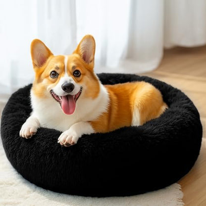 28in Large Dog Bed, Calming Donut Bed for Puppy and Kitten (Black)