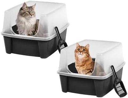 IRIS USA Large High Sided Cat Litter Box, Scatter Shield, Black