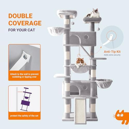 Allewie 81 Inches Tall Cat Tree/Multi-Level Large Climbing Tree House and Towers for Big Feline/Condo and Hammock/Scratching Post/Wide Base/Grey