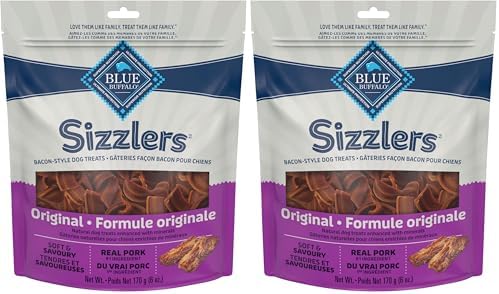 Blue Buffalo Sizzlers Natural Soft Dog Treats, Bacon-Style Soft-Moist Dog Treats with Real USA Pork, Original Flavor, 6-oz Bag, (Pack of 2)