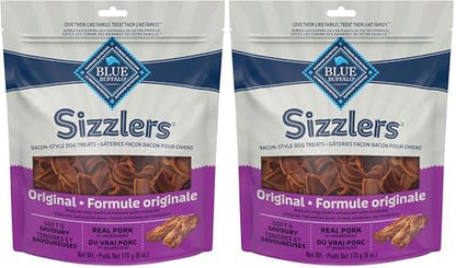 Blue Buffalo Sizzlers Natural Soft Dog Treats, Bacon-Style Soft-Moist Dog Treats with Real USA Pork, Original Flavor, 6-oz Bag, (Pack of 2)