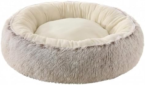 Calming Donut Pet Bed, Fluffy Long Fur Outer & Short Fur Inner, Sweat-Free & Cozy, Non-Slip Bottom, for Small Medium Dogs, Cats, Puppies & Kittens (Brown, 23.6 in)