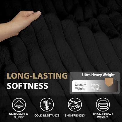 DEZ FURNISHINGS Luxury Reversible Textured Stripe Faux Fur & Velvet Throw Blanket, Twin (66" x 90"), Black