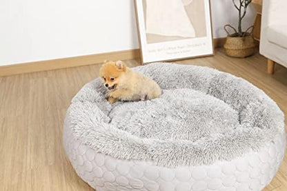 Hachikitty Dog Donut Round Calming Bed, Fluffy Bed for Medium Large Dogs, Double Sided with Warm & Cool Sides (24"x24"x7", Grey)