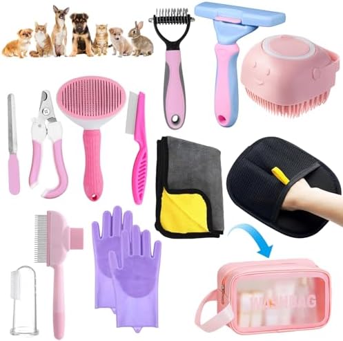 Aglads 12PCS Cat Rabbit Bunny Dog Grooming Kit,Self-Cleaning Slicker Brush&Deshedding Tool,Dematting Comb,Nail Clipper&File,Electrostatic Hair Removal Gloves,Complete Pet Grooming Supplies(12, pink)