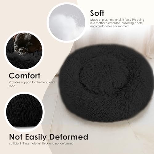 Dogs Bed for Small Dogs, Anti-Anxiety Washable Round Bed (24in Black)