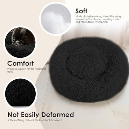 28in Large Dog Bed, Calming Donut Bed for Puppy and Kitten (Black)