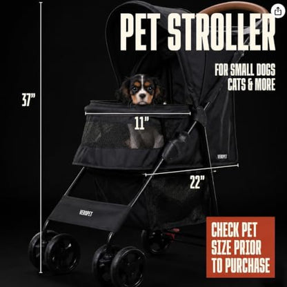 Pet Stroller for Small Dogs & Cats, Foldable Pet Stroller with Breathable Mesh, Storage Basket & Cup Holder, Lightweight 4-Wheel Dog Stroller, Portable Travel Pet Carrier (Up to 35 lbs)