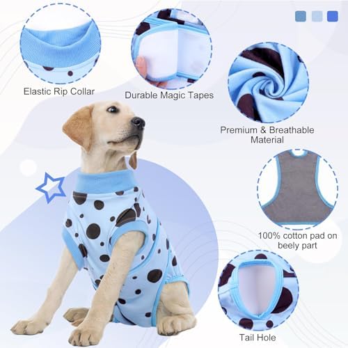 Kuoser Dog Surgery Suit, Soft Dog Spay Recovery Suit Female, Anti Licking Neuter Recovery Suit for Male Dogs, Post-Op Pet Surgical Suit Protective Wear E-Collar & Cone Alternative,Blue Polka Dots XL