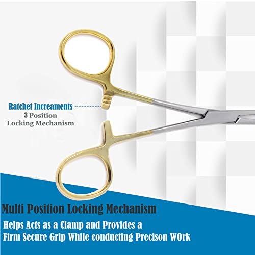 Dog Pet Ear/Nose Hair Puller Grooming Hemostat Locking Forceps Curved Pliers, 5.5" (14cm) Full Serrated Clamps Stainless Steel (Gold Handle)