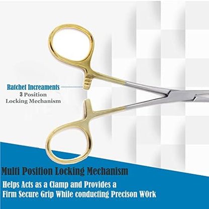 Dog Pet Ear/Nose Hair Puller Grooming Hemostat Locking Forceps Curved Pliers, 5.5" (14cm) Full Serrated Clamps Stainless Steel (Gold Handle)