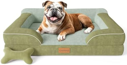 CWAWZ Dog Beds for Large Dogs, Orthopedic Dog Bed with Cooling Gel Memory Foam, Waterproof Large Pet Bed with Removable Washable Cover, 36" Pet Sofa Couch Dutch Velvet with Bone Toy, Dark Green