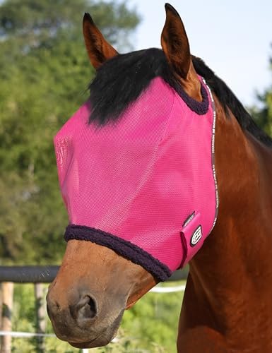 Harrison Howard All Round Mesh Horse Fly Mask UV Protective with Fleece Padded Edging Magenta L