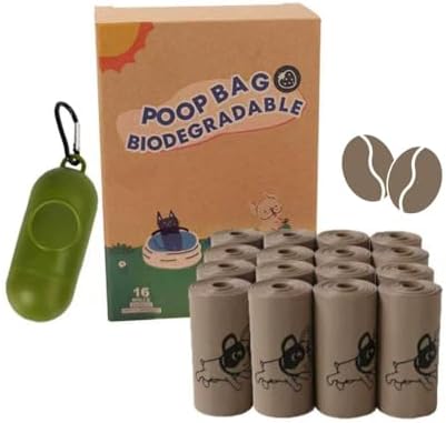 Dog Poop Bags Rolls, Coffee Scent Biodegradable Brown, Large 9x13 Inch With Dispenser, Leakproof & Easy Tear 240 Count (16 Rolls) for Outdoor Dog Walking
