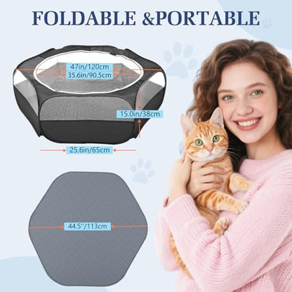 Pawaboo 2-in-1 Small Animals Playpen with Pad, Black+Gray