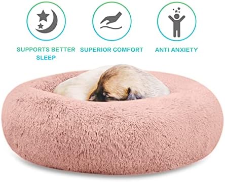 SAVFOX 36 inches Calming Donut Dog Bed - 3X Durable Plush Faux Fur, Machine Washable & Non-Slip, Fits up to 100 lbs, Pink